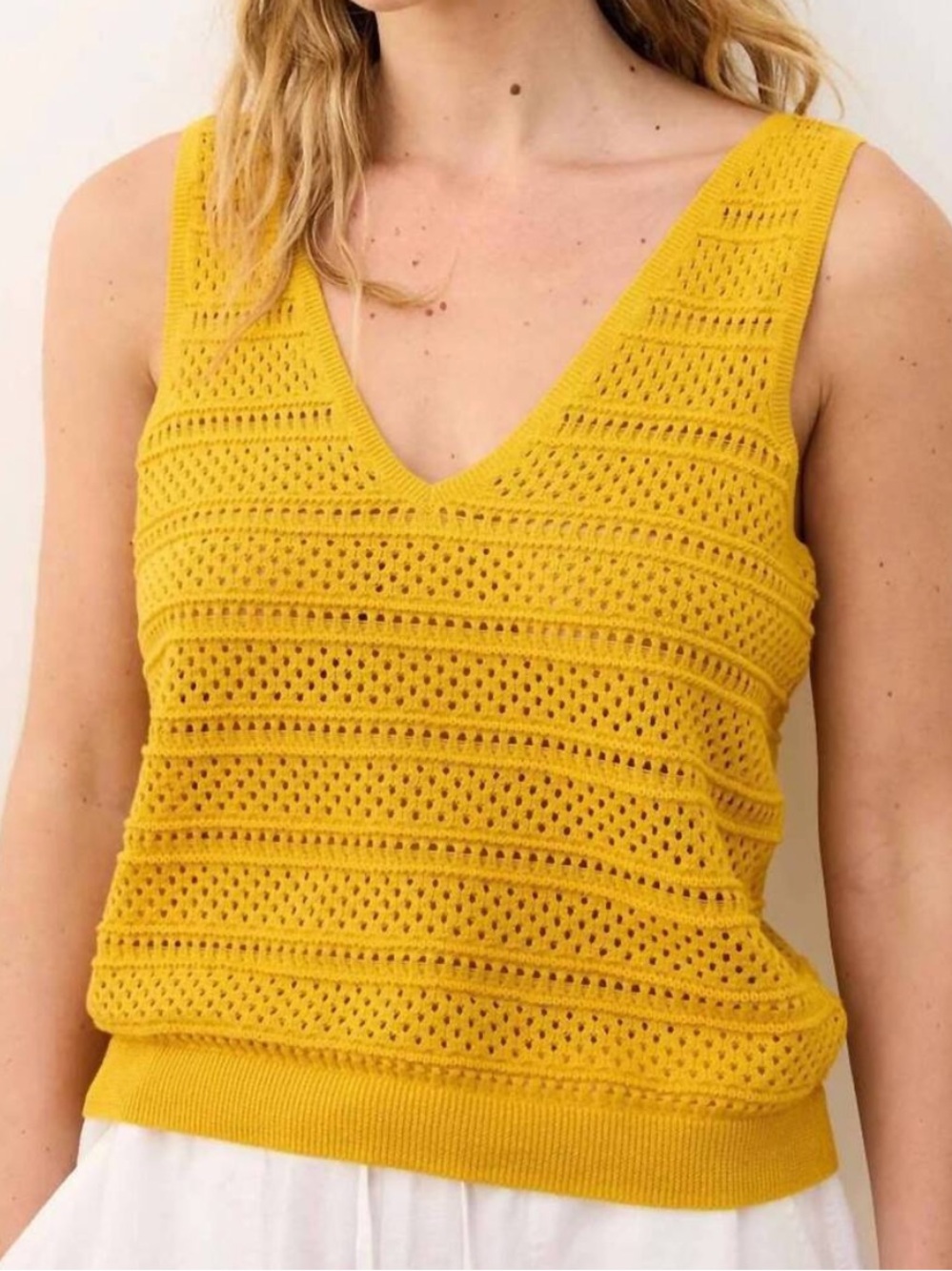 Marine Layer Finley Sweater Textured V-Neck Tank Top - Mustard / Oak Buff Color